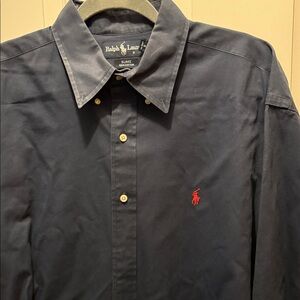 Ralph Lauren Navy Button-Down Shirt with Red Pony Emblem